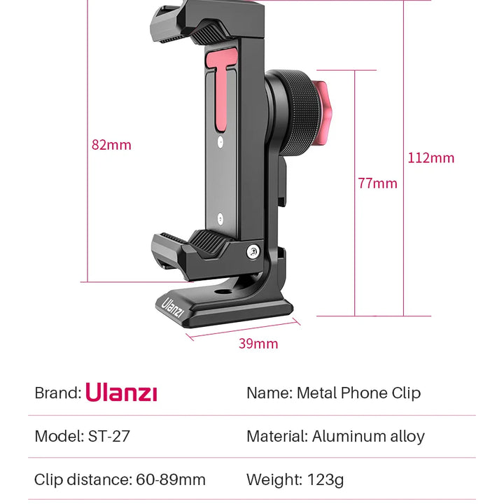 Ulanzi ST-27 Metal Phone Holder Clamp With Cold Shoe Arca 360°Rotatable tripod Mount Clip for TikTok Vlog Photography