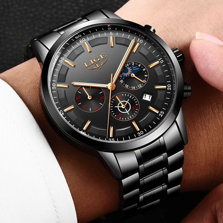 LIGE 2023 Fashion Mens Watches Top Brand Luxury Business Watch For Men Stainless Steel Waterproof Quartz Clock Relogio Masculino