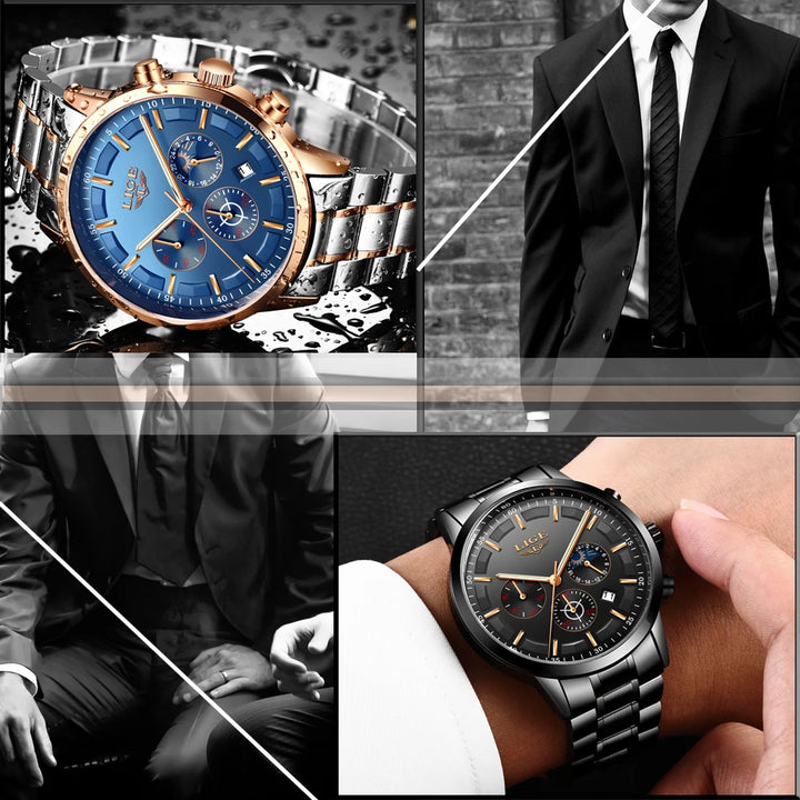 LIGE 2023 Fashion Mens Watches Top Brand Luxury Business Watch For Men Stainless Steel Waterproof Quartz Clock Relogio Masculino