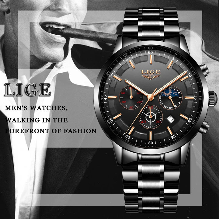 LIGE 2023 Fashion Mens Watches Top Brand Luxury Business Watch For Men Stainless Steel Waterproof Quartz Clock Relogio Masculino