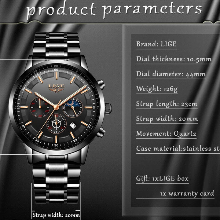 LIGE 2023 Fashion Mens Watches Top Brand Luxury Business Watch For Men Stainless Steel Waterproof Quartz Clock Relogio Masculino