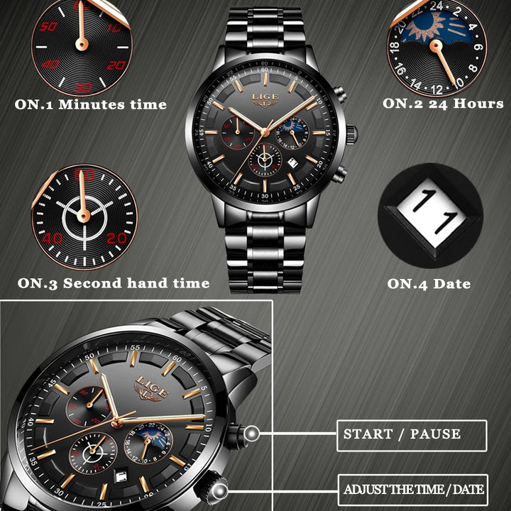 LIGE 2023 Fashion Mens Watches Top Brand Luxury Business Watch For Men Stainless Steel Waterproof Quartz Clock Relogio Masculino