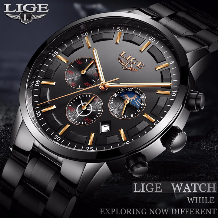 LIGE 2023 Fashion Mens Watches Top Brand Luxury Business Watch For Men Stainless Steel Waterproof Quartz Clock Relogio Masculino