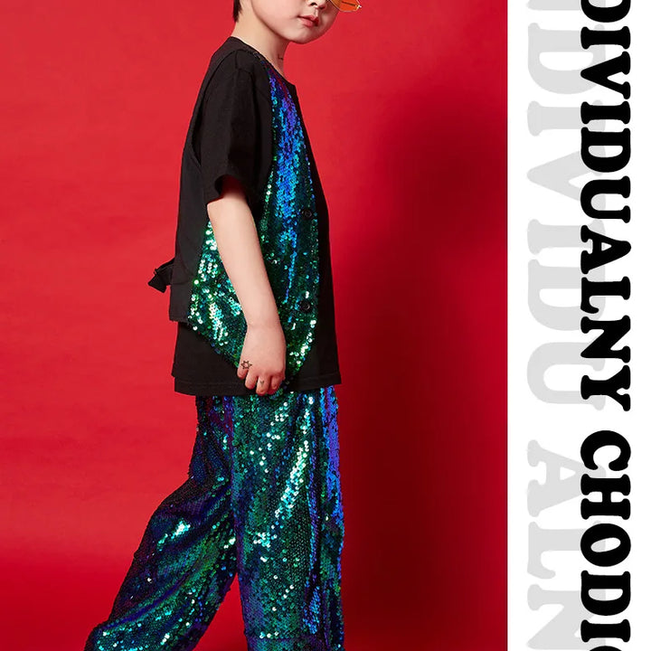 Girl Sequin Crop Tank Top Hip Hop Boys Green Vest Jacket Kids Jazz Shiny Pants Clothes Sets Child Street Dance Stage Costumes