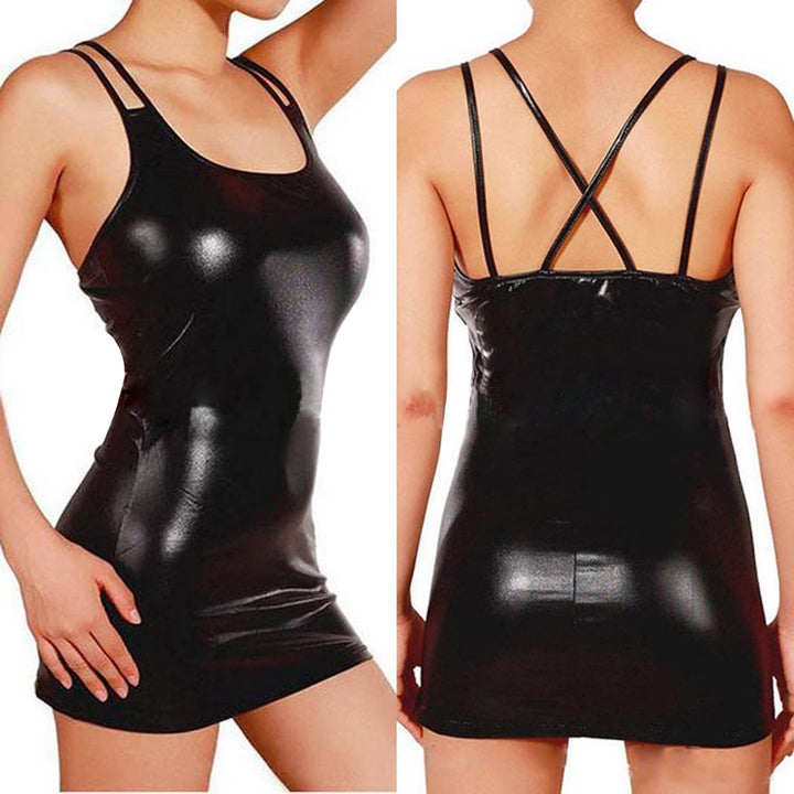 Sexy Erotic Hot Pu Metallic Leather Mini Dress Women Clubwear Nightwear Zipper Tight Wetlook Women Dress Club Nightclub Clothing