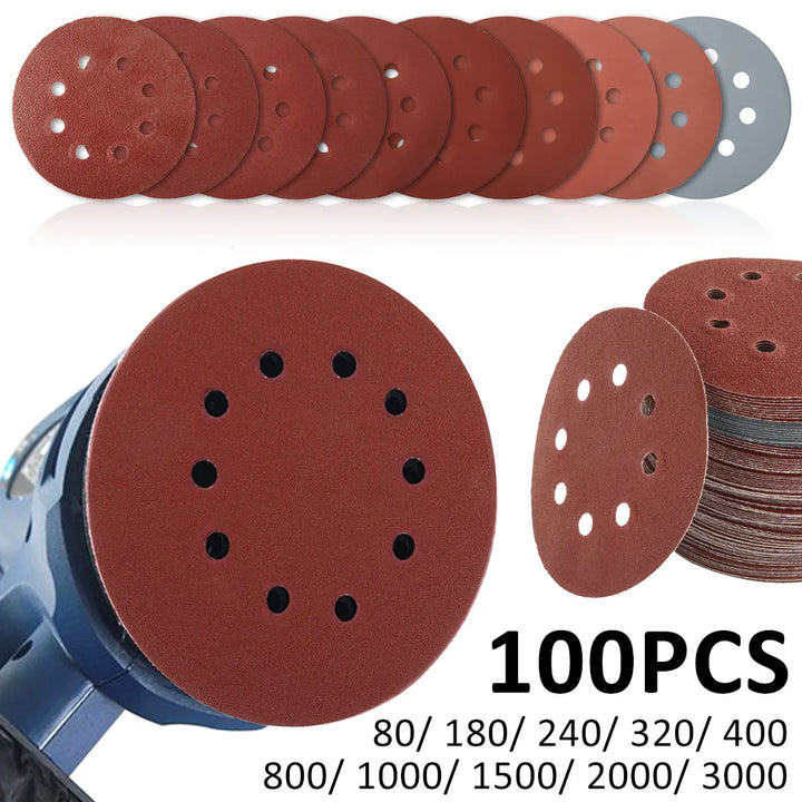 100Pcs 125mm Sandpaper Round Shape Sanding Discs Hook Loop Sanding Paper Buffing Sheet Sandpaper 8 Hole Sander Polishing Pad