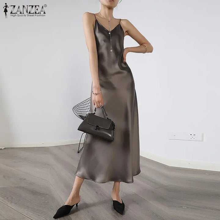 ZANZEA 2023 Stylish Party Dress Womens Summer Sundress Spaghetti Strap Split Maxi Vestidos Female V Neck Robe Oversize Dresses