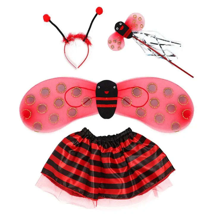 4Pcs/Set Kid Fairy Costume Set Ladybird Bee Glitter Cute Wing Striped Layered Tutu Skirt Wand Headband Dress Up Halloween Outfit