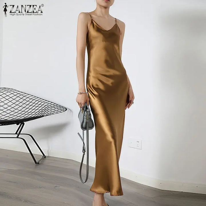 ZANZEA 2023 Stylish Party Dress Womens Summer Sundress Spaghetti Strap Split Maxi Vestidos Female V Neck Robe Oversize Dresses