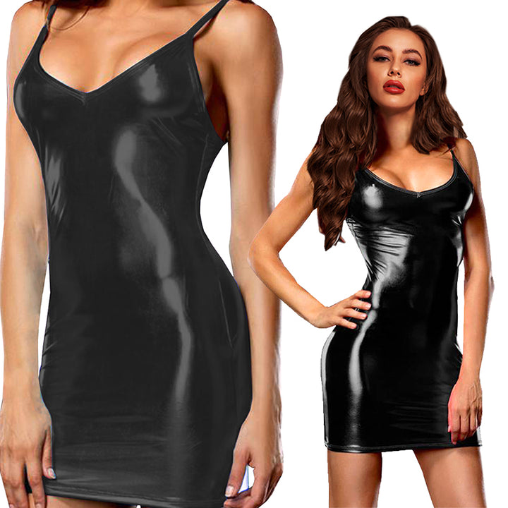 Sexy Erotic Hot Pu Metallic Leather Mini Dress Women Clubwear Nightwear Zipper Tight Wetlook Women Dress Club Nightclub Clothing