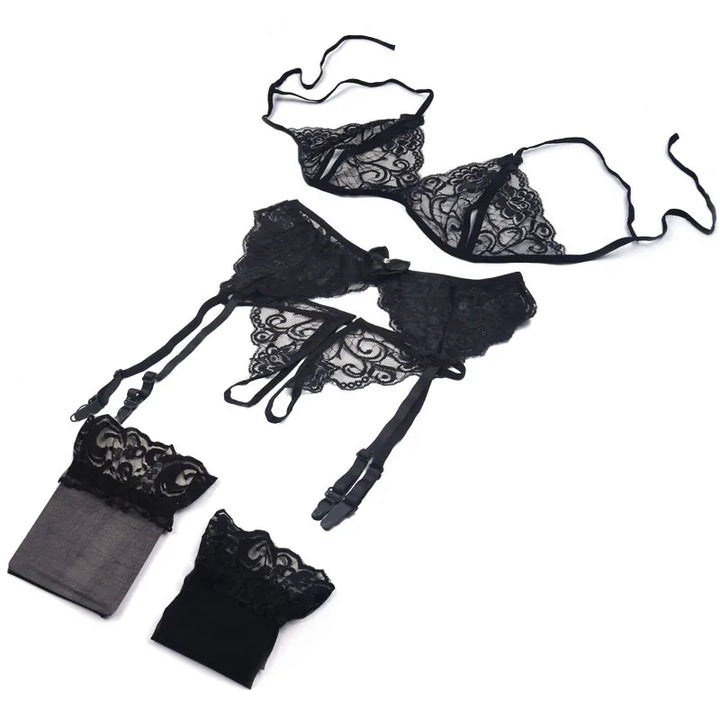 Lace Women Lingerie Set 4 Pcs Sling Open Bra Sexy Wiht Garter Panties Push Up Bra Set Erotic Transparent Underwear Net Stockings