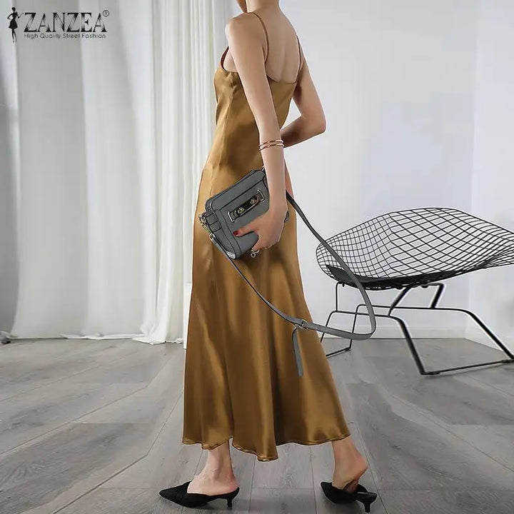 ZANZEA 2023 Stylish Party Dress Womens Summer Sundress Spaghetti Strap Split Maxi Vestidos Female V Neck Robe Oversize Dresses