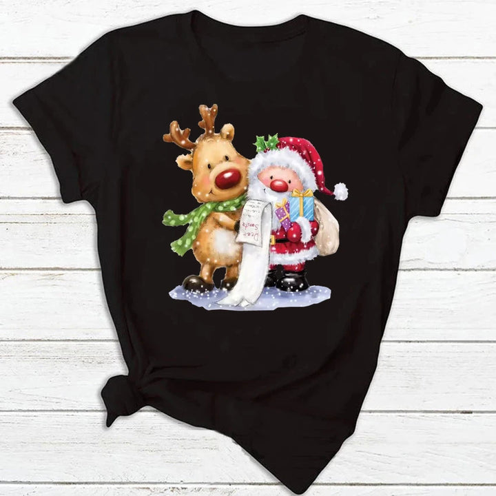 Maycaur Fashion Women's Tops Tee Women Merry Christmas Holiday Tshirts Funny Cartoon Santa Reindeer Printed Black T-shirt Female