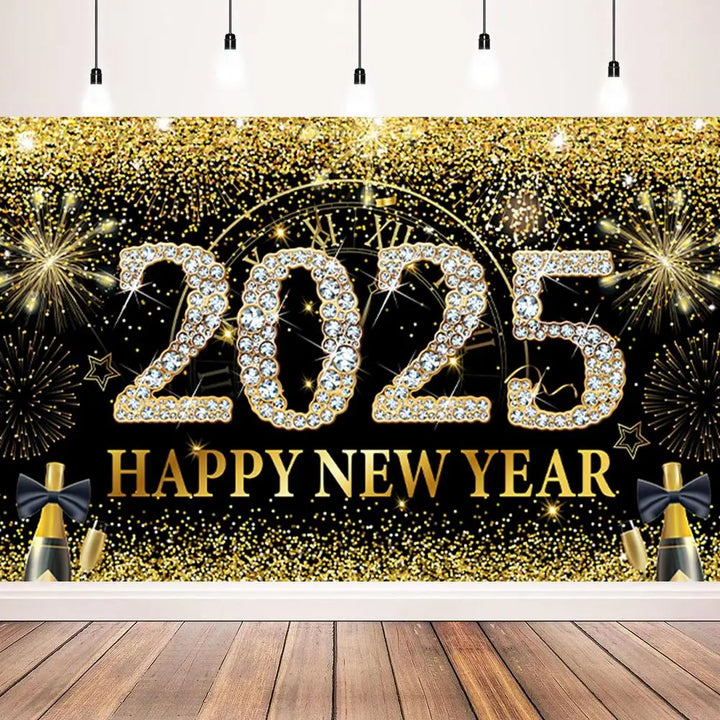 Happy New Year Background Cloth 71 X 43in New Year Home Photo Booth Black Gold Background Elegant New Year Photo Backdrop