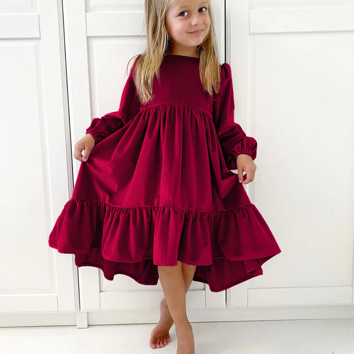 Spring AutumnGirls Dress Ruffles Long Sleeve Girl Velvet Retro Kids Party Dress Girl Princess Dress Children Clothing 6-12Y