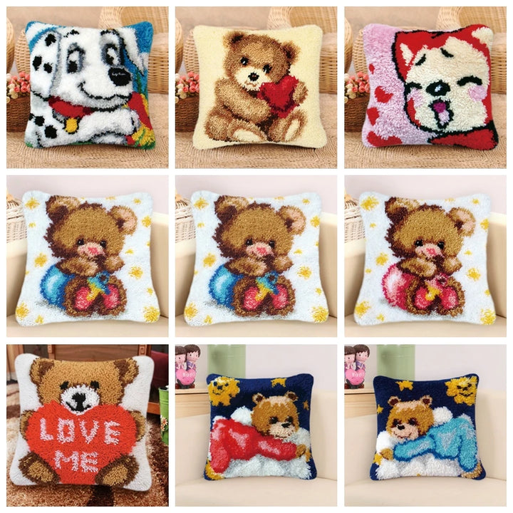 Bears Animal Carpet Embroidery Set Cartoon Dog/Fox Smyrna Latch Hook Kit DIY Knot Pillow Package Pillow Buttons Package