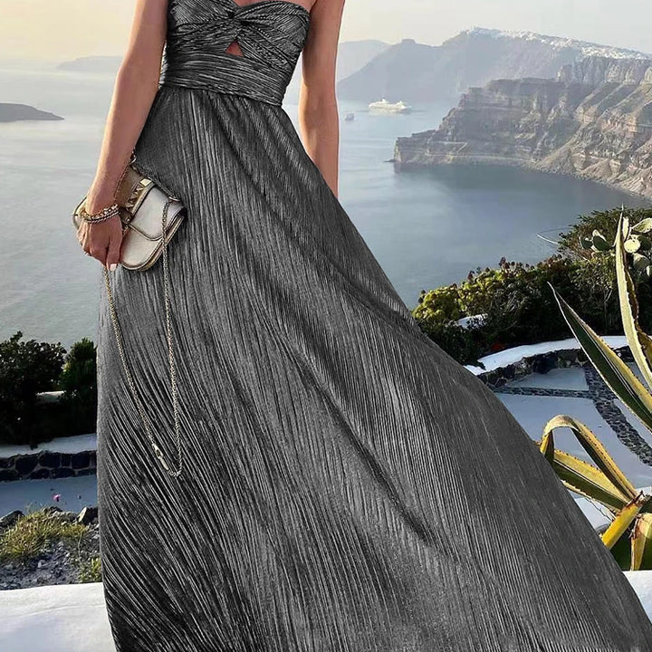 2022 Sexy Strapless Hollow Out Long Dress Women Boho Elegant Bronzing Evening Dress Fashion Sleeveless A-Line Party Dress