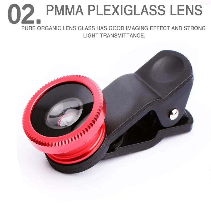 3-in-1 Fisheye Wide Angle Micro Camera Lens for iPhone Xiaomi Redmi 3IN1 Zoom Fish Eye Len on Smartphone Lenses with Phone Clip