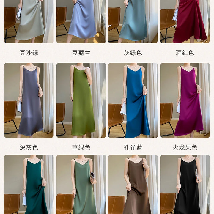 Summer Halter Dress Female Silk Silk Silk High Grade Satin Solid Color Long A-Line Skirt Waist Show Thin Cover Meat RW D13