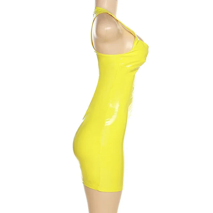 Sexy Womens Bodycon Yellow Mini Dresses Sleeveless Patent Leather Latex Tank Dresses Rave Party Night Club Costume