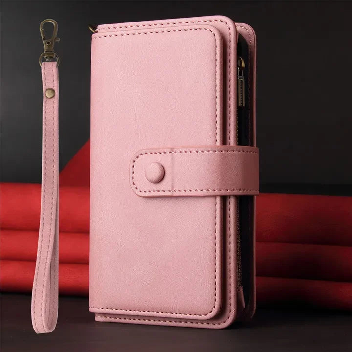 Multi 15-Card Flip Wallet Case For OPPO Realme 12 Pro Plus 11 11X 10 9 9i 8 Zipper Leather Lanyard Wrist Strap Cover Realme12