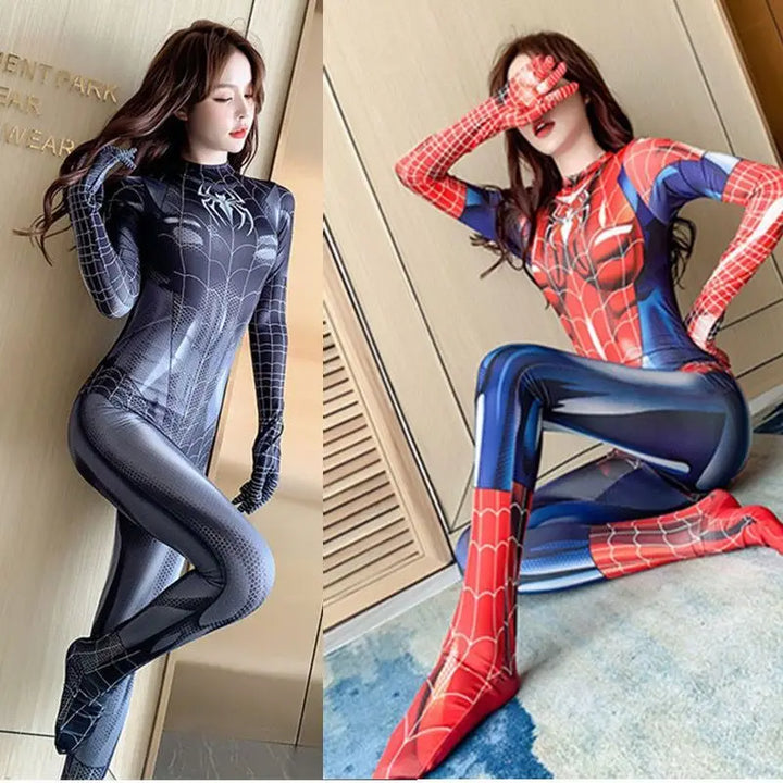 Plus Size Sexy Cosplay Spider Women Bodysuit Stretch Catsuit Zip Crotch Carnival Party Fancy Dress Superhero Zentai Jumpsuit Hot