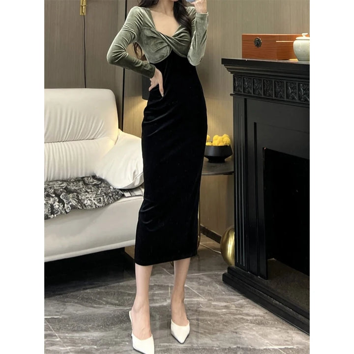 Temperament Deep V Neck Midi Dress Spring Autumn New Long Sleeve Contrast Slim Ladies Dresses Elegant Fashion Women Clothing