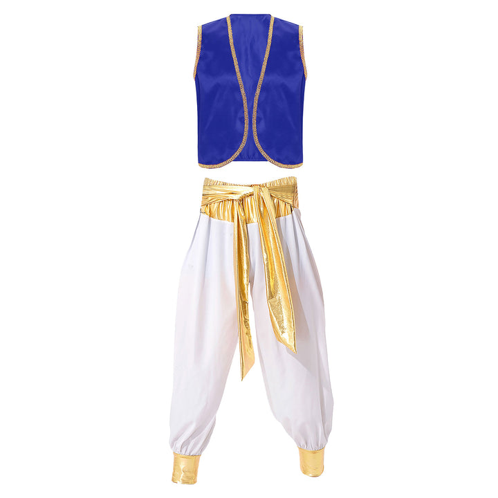 Mens Arab Prince Costume Persian Arabian Aladin Halloween Role Play Sleeveless Vest Waistcoat with Pant Suit Carnival Outfits