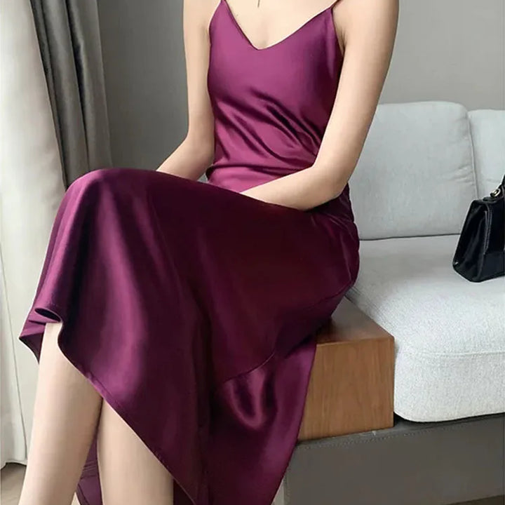 2022 Elegant Women Dress Summer Sexy V-Neck Korean Satin Party Long Spaghetti Strap Dresses Casual Sundress Vestido Mujer