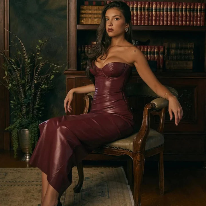 Sexy Woman Strapless Burgundy Slim Leather Long Dress Elegant Back Lace Up Side Slit Sleeveless Dresses 2025 Evening Party Robe