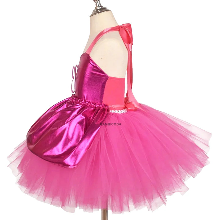 Princess Girls Rosy Knee Length Barbi Tutu Dresses for Girl Birthday Party Halloween Christmas Costumes Margot Robbie Cosplay