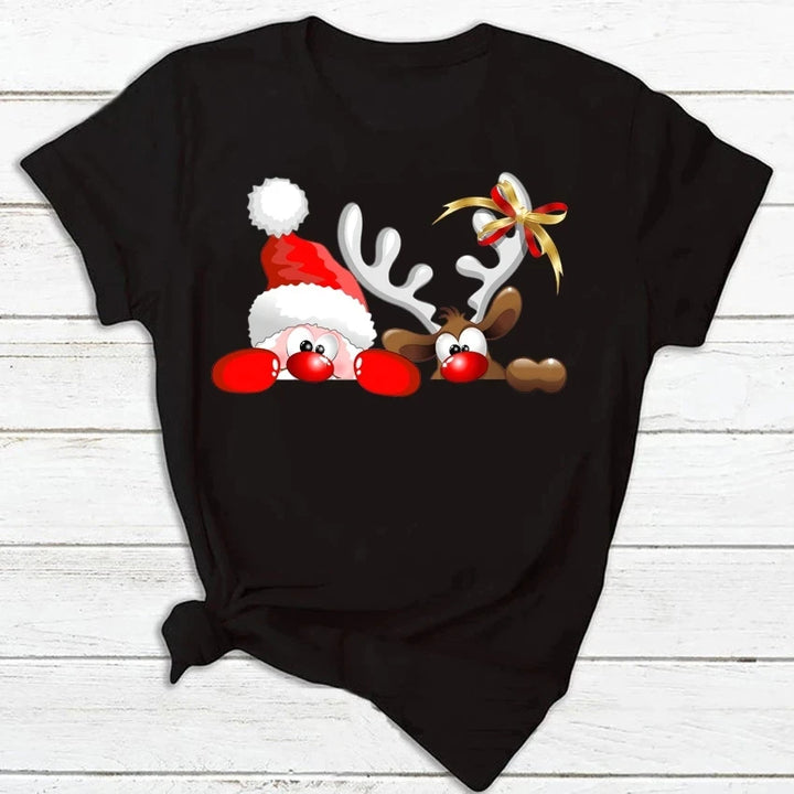 Maycaur Fashion Women's Tops Tee Women Merry Christmas Holiday Tshirts Funny Cartoon Santa Reindeer Printed Black T-shirt Female