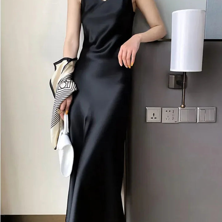 2022 Elegant Women Dress Summer Sexy V-Neck Korean Satin Party Long Spaghetti Strap Dresses Casual Sundress Vestido Mujer