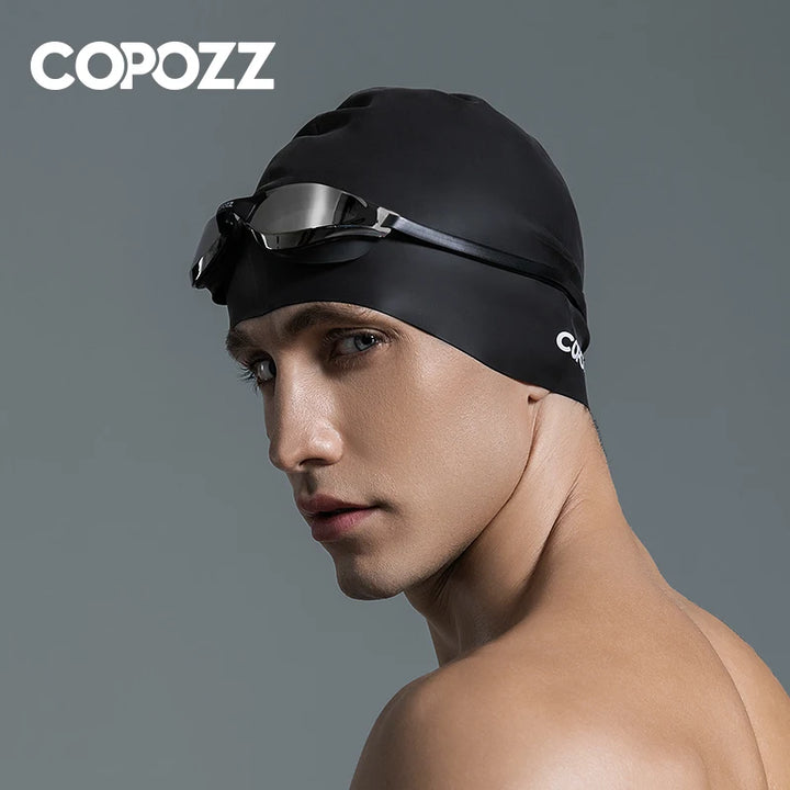 Copozz Men Elastic Swimming Hat  Large Size Swimming Wear Professional Adults Waterproof Swimming Hat Silicone Swimming Caps