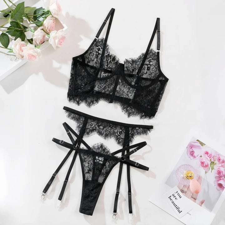 Krasapt Black Lace Hollow Out Sexy Lingerie 3Pcs Sets Mesh Embroidery Backless Bra And Panties Garter Outfits Sensual Erotic Set