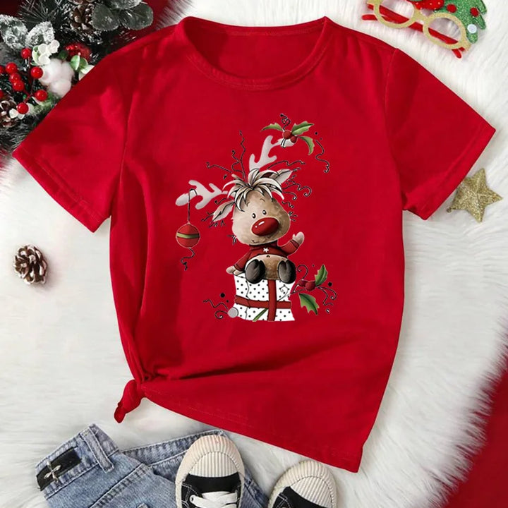 Women's Christmas Reindeer Print T Shirt Casual O-neck Short Sleeve T-Shirt Cute T-shirt Black Suitable All Seasons Tshirt Tops