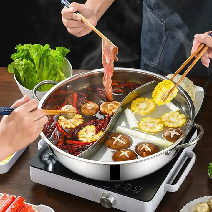 30cm Twin Divided Hot Pot Stainless Steel Hotpot Kitchen Cooker Gas Stove Compatible Pots Home Kitchen Cookware Soup Cooking