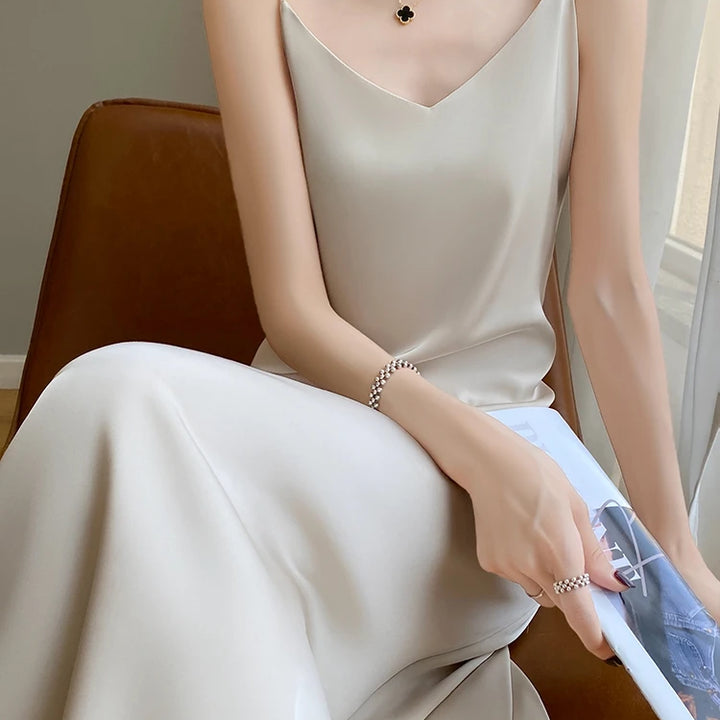 Silk High-Grade Dress New Spring/Summer Sleeveless V-Neck Dress Vest Slip Skirt Silk White With High-Grade Temperament RW D13