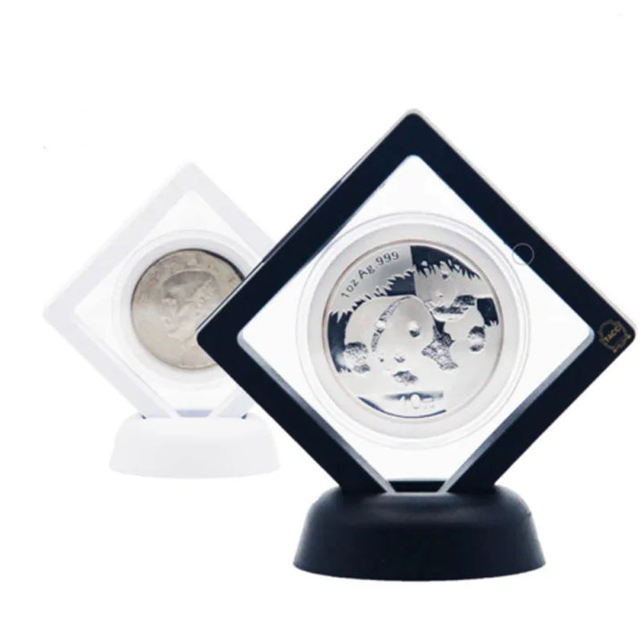 3D Coin Frame Black Display Exhibiting Floating Holder Plastic Square 2pcs Stand 90*90mm Box Case Collection Jewelry