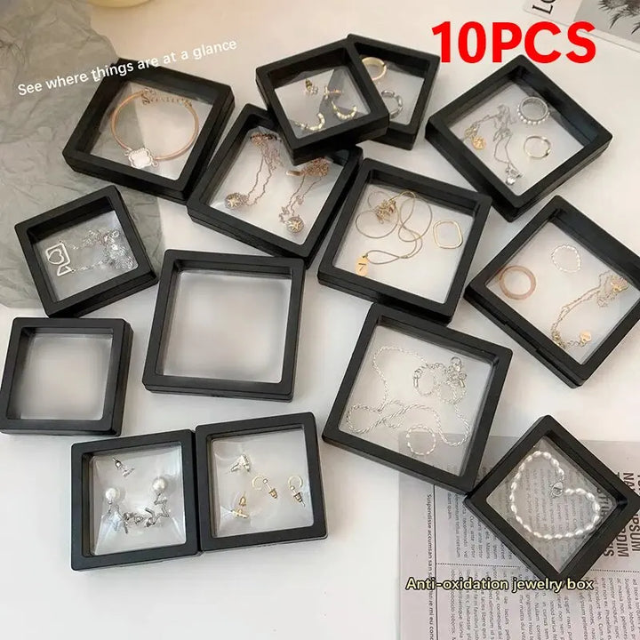 10Pcs PE Film Jewelry Storage Box 3D Packaging Case Free Stand Floating Frame Membrane Ring Earrings Necklace Display Holder