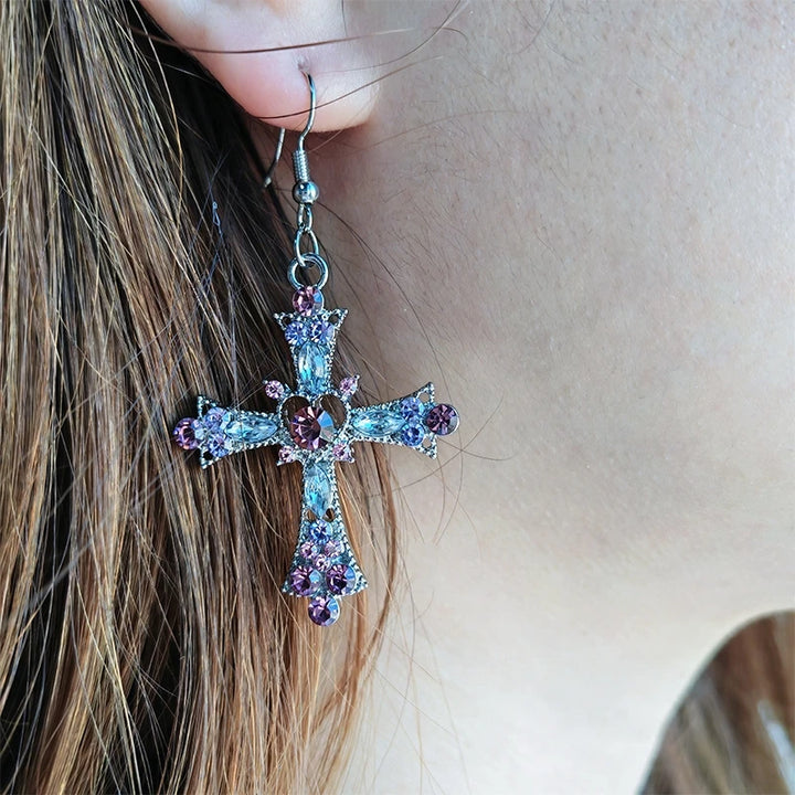 Gothic Pink Heart Cross Earrings Y2K Kpop Purple Zircon Cross Drop Earring for Women Grunge Egirl Earrings Jewelry Accessories