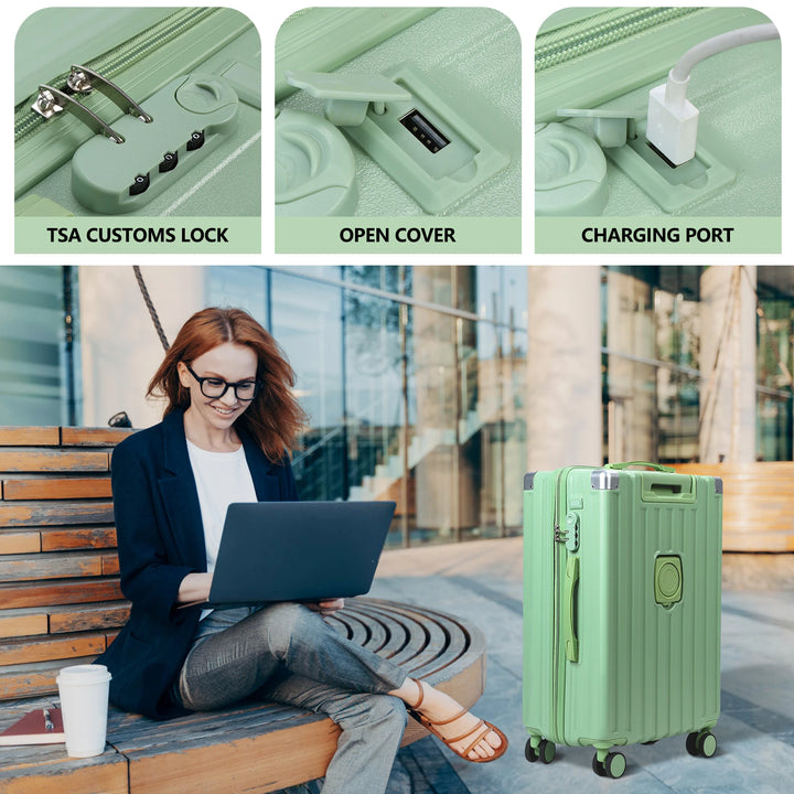 24" Hardside Luggage with Foldable Cup Holder, Carry-on Luggage, Durable Spinner Wheel Luggage, Built in USB Port & Hook,