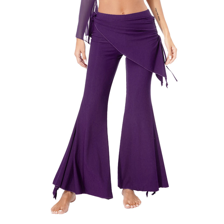 Womens Split Flared Belly Dance Pants Halloween Carnival Costume Solid Color Pants Lace-Up Skirted Pants