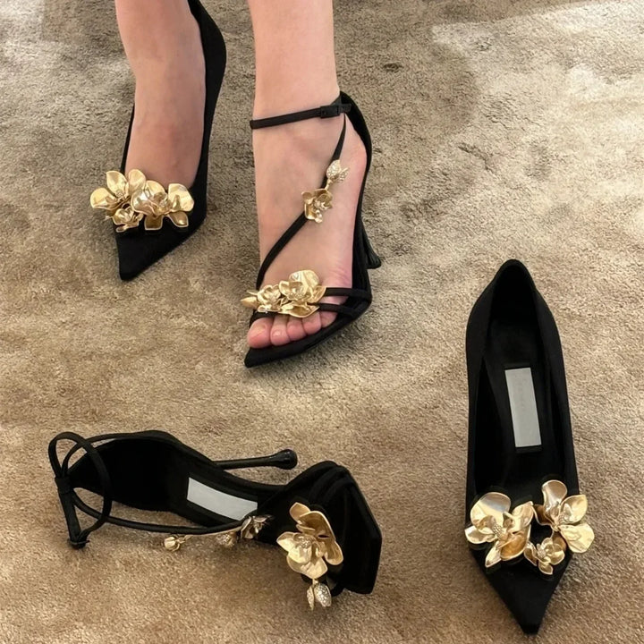 Golden Flowers Women Silk High Heels Luxury Designer Sandal Metallic Flower Square Toe Pointed Fine Heel Party Dress Shoes Pumps