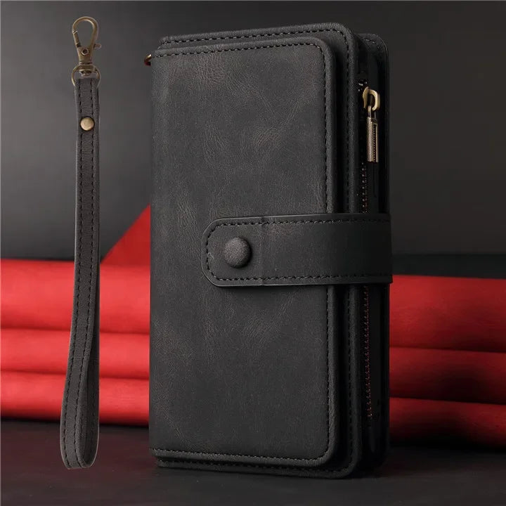 Multi 15-Card Flip Wallet Case For OPPO Realme 12 Pro Plus 11 11X 10 9 9i 8 Zipper Leather Lanyard Wrist Strap Cover Realme12