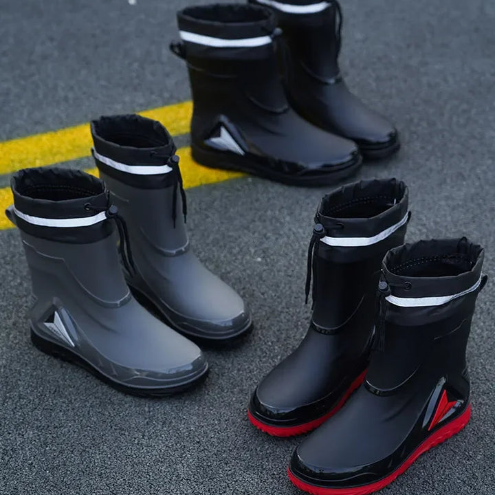 Waterproof Men's Rain Shoes Outdoor Non-slip Work Shoes Fleece Lined Cotton Warm Rain Boots Kitchen Footwear Male