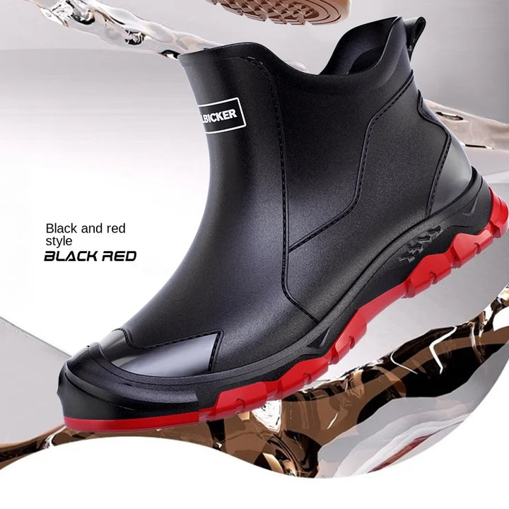 Fashion contrast color black red sole short rain boots men's outerwear versatile non-slip wading khaki rubber shoes