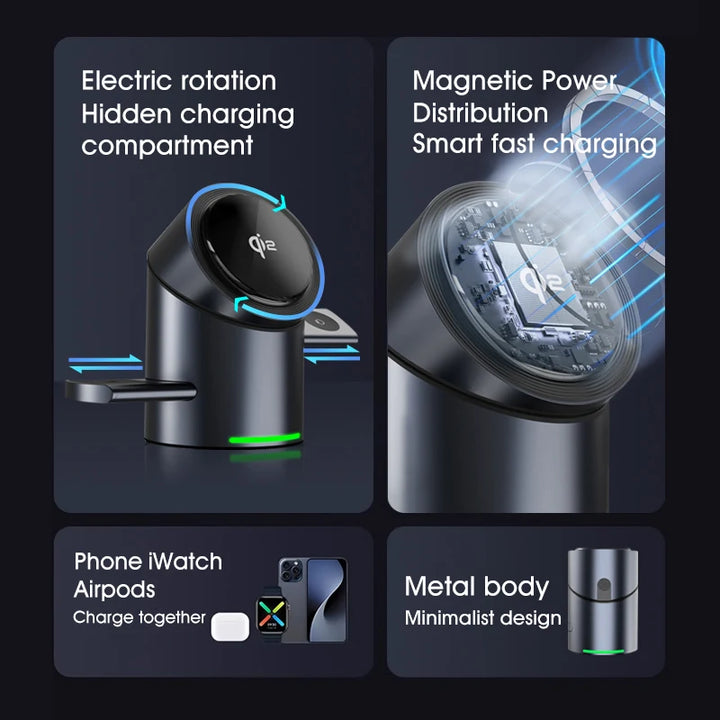 Qi2 3 in 1 Magnetic Wireless Charger Touch Roating for Iphone 16 15 14 Pro Max, Iwatch Earphone Fast Charging Base