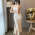 White Satin Sling Long Dress Women 2024 Summer French Elegant Square Collar High Waist Slim Fit Sexy Split Bodycon Evening Dress