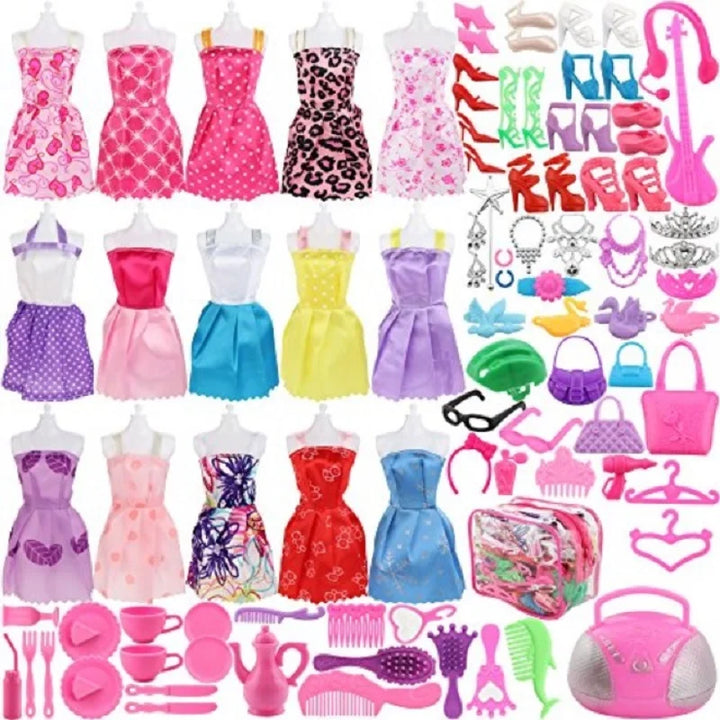 106pcs Doll Accessories Fashion Cute Dress Doll Shoes Boots Mini Dress Handbag Outfit Rack DIY Dollhouse Toy For Barbie Doll